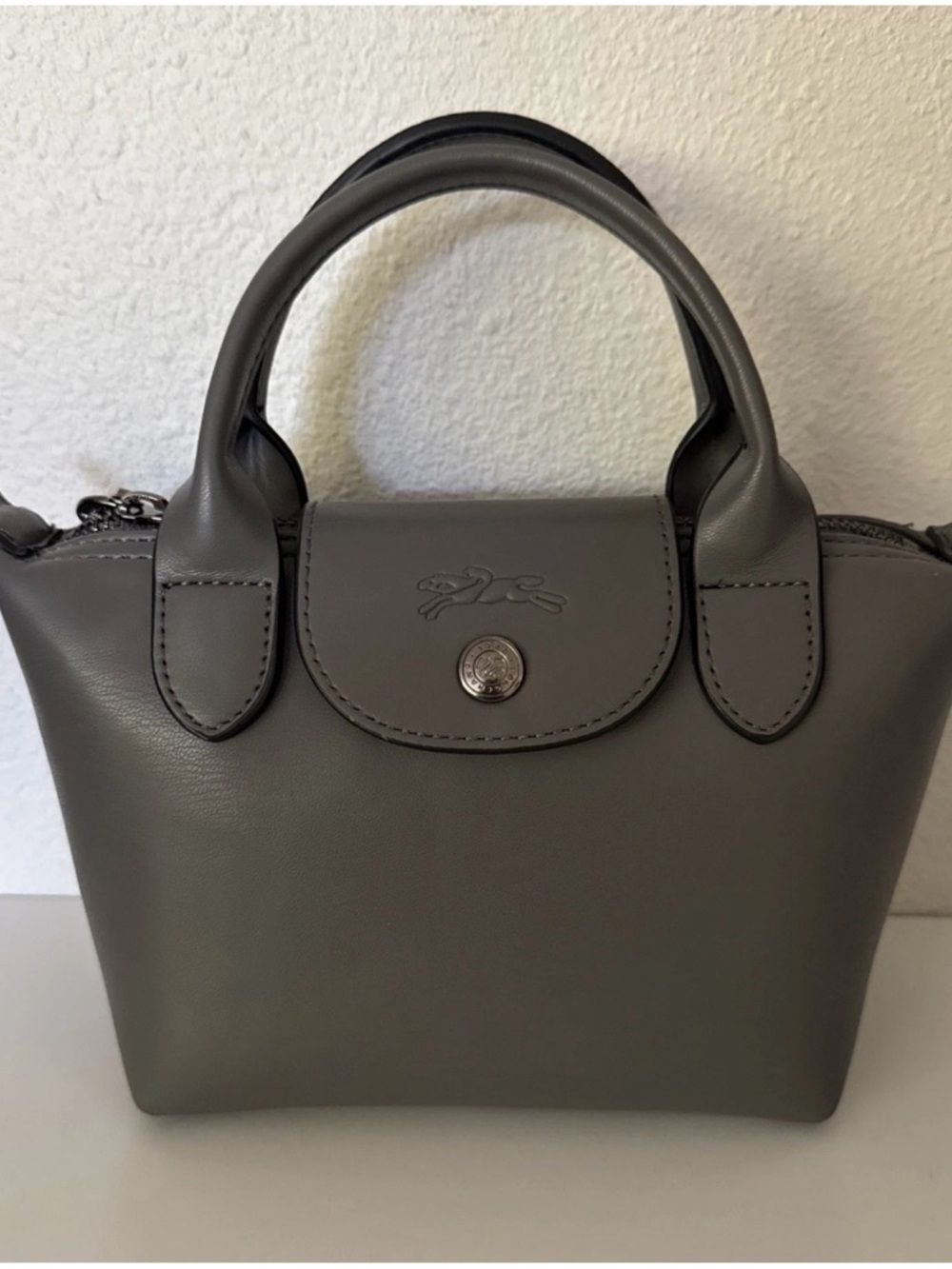 Longchamp Le Pliage Cuir XS Mini Leather Shoulder Bag color Gray Crossbody